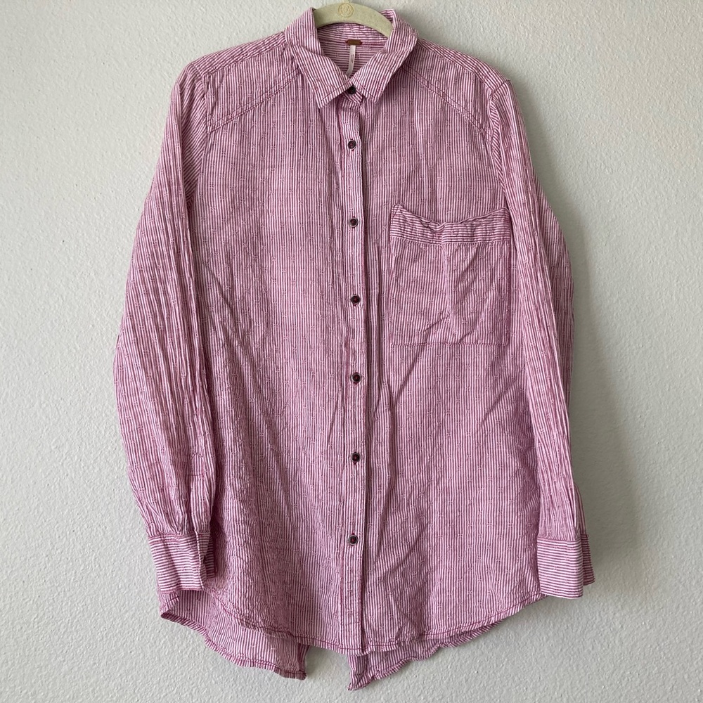 Free People red and white button front and back top